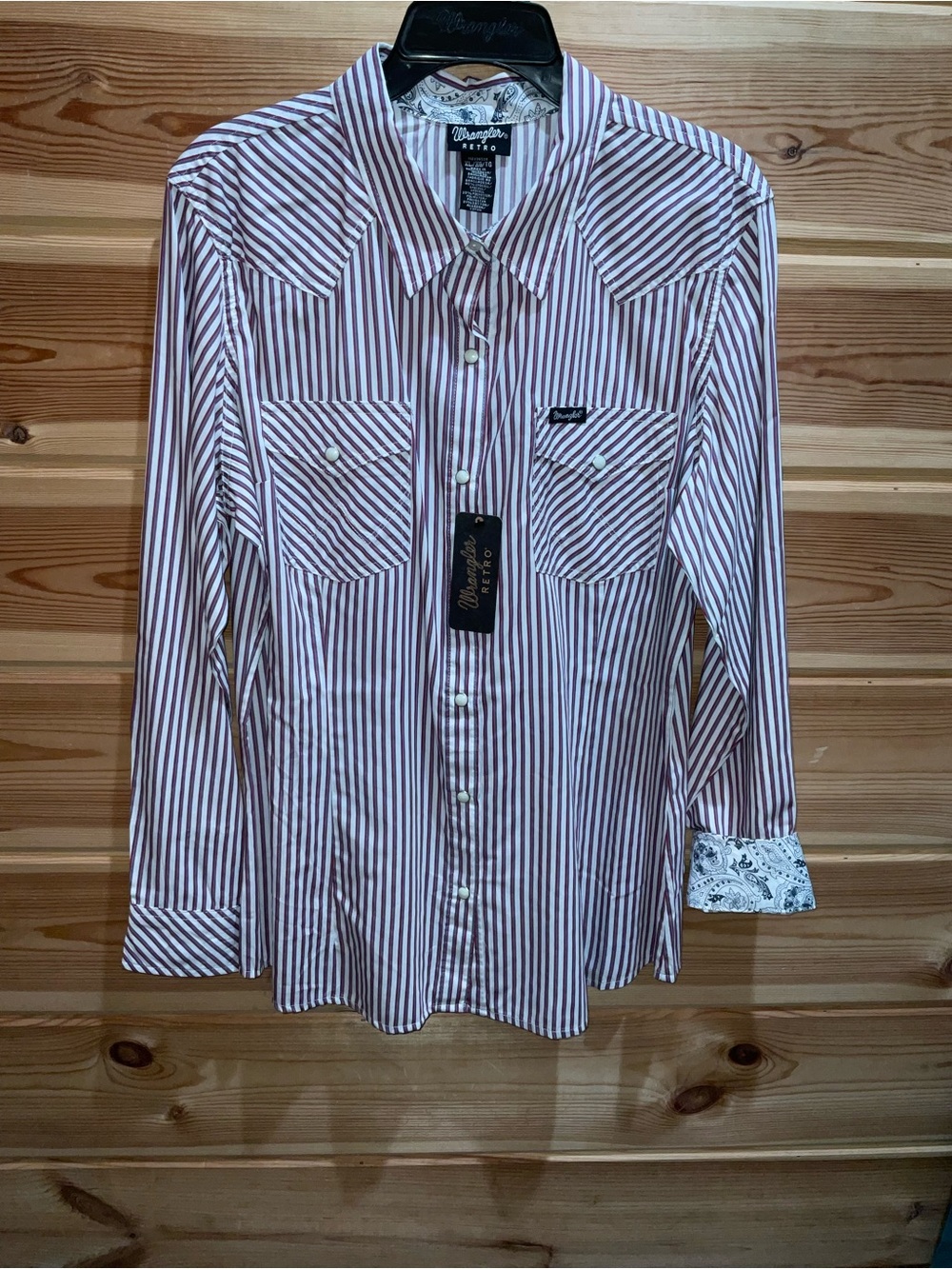 Wrangler Women’s Burgundy and White Striped Button-Down Shirt